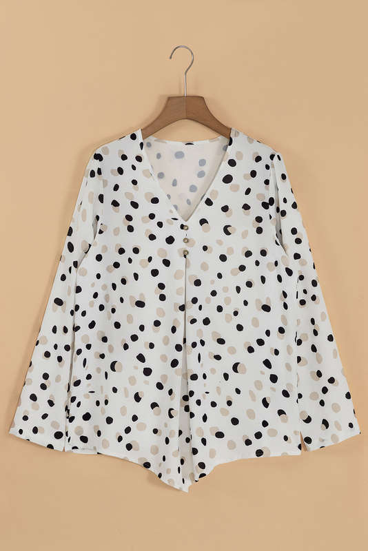 White Polka Dot Print Button Front V Neck Blouse