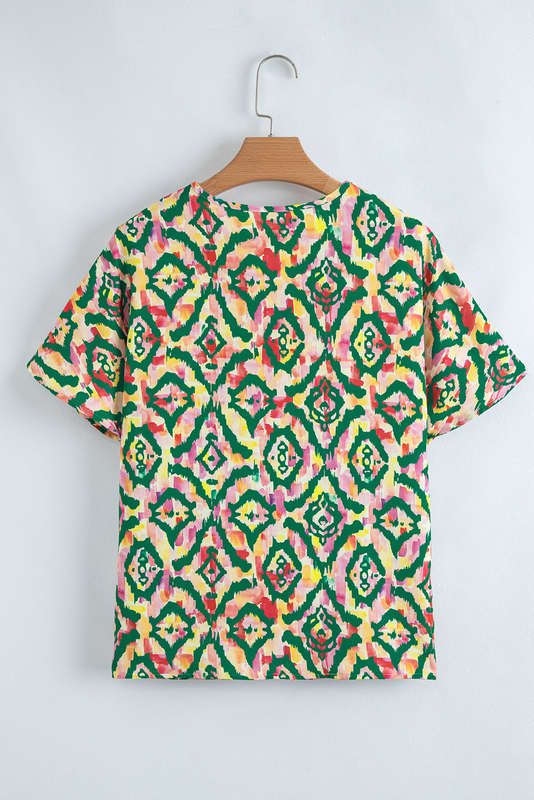 Green Abstract Print V Neck Short Sleeve Blouse