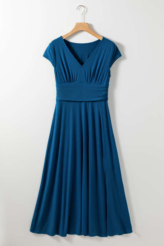 Peacock Blue Short Sleeve Shirred High Waist V Neck Maxi Dress