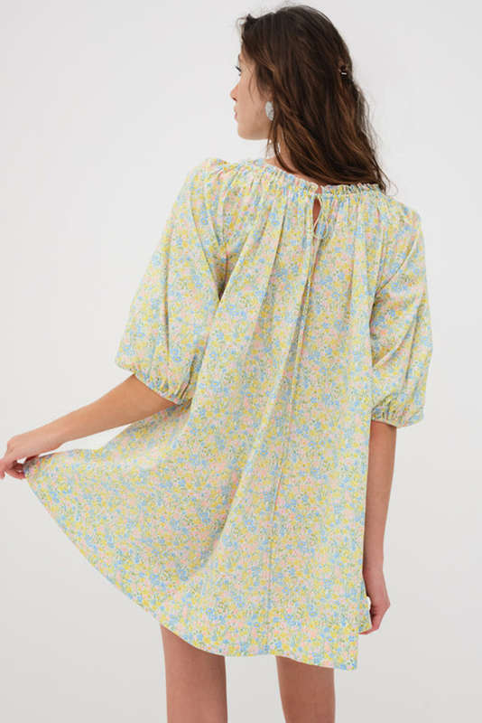 Green Floral Half Sleeve Frilled U Neck A-line Short Dress