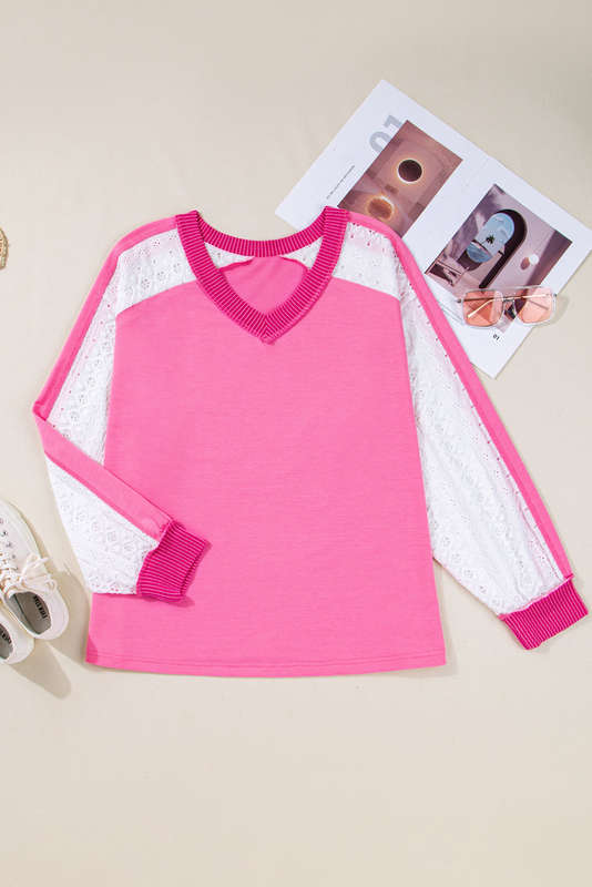 Bonbon Lace Striped Patchwork Long Sleeve Corded V Neck Plus Size Top