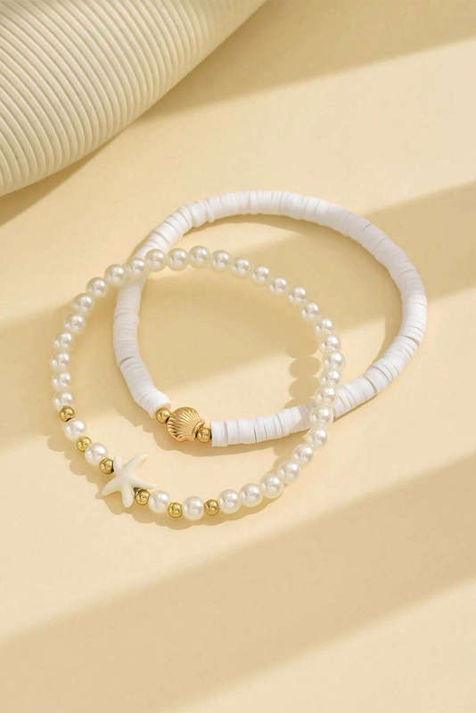 White Starfish Shell Pearl Decor Beaded Double Layer Anklet