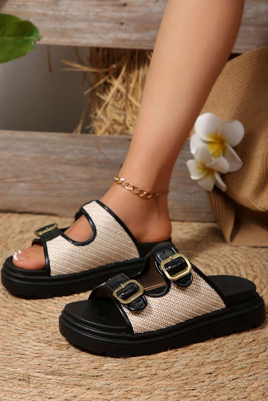 Black Woven Dual Buckle Platform Slippers