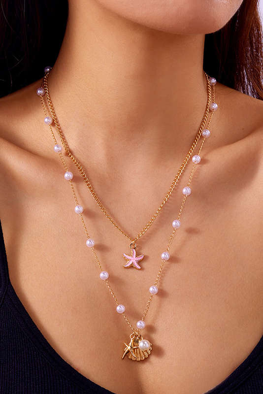 Gold Shell Starfish Pearl Plated Alloy Double Layer Necklace