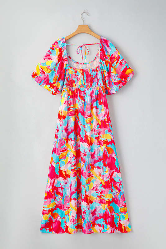 Rose Abstract Printed Puff Sleeve Square Neck Smocked Bust Tied Back Plus Size Dress