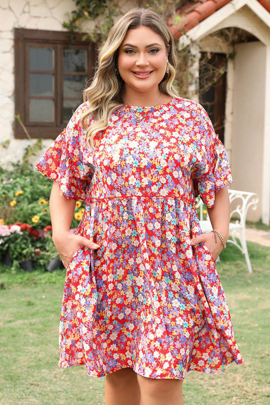 Red Dainty Flower Printed Plus Size Short Sleeve Shift Dress
