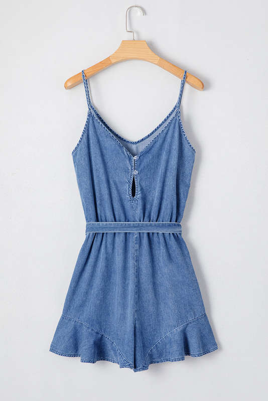 Blue V-Neck Knitted Summer Top with Exposed Seams