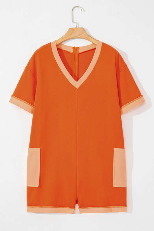 Russet Orange Two-tone Short Sleeve V Neck Patched Pocket Loose Romper
