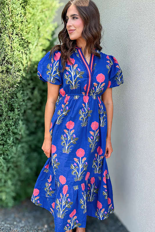 Sky Blue Floral Puff Short Sleeve V Neck High Waist Maxi Dress