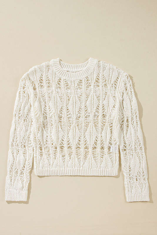 White Cut Out Crochet Crew Neck Loose Fit Sweater