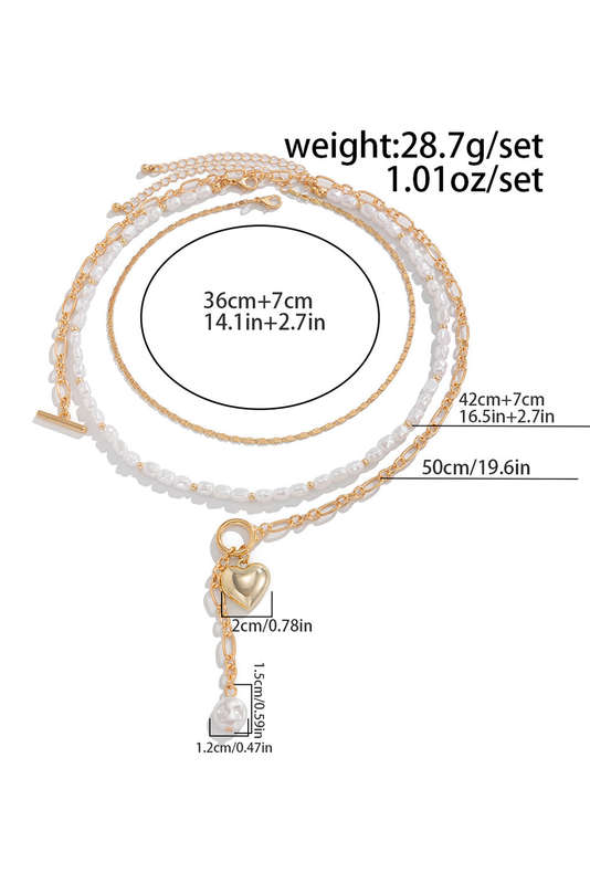 Gold Plated Heart Charm Pearl Chain Layered Necklace