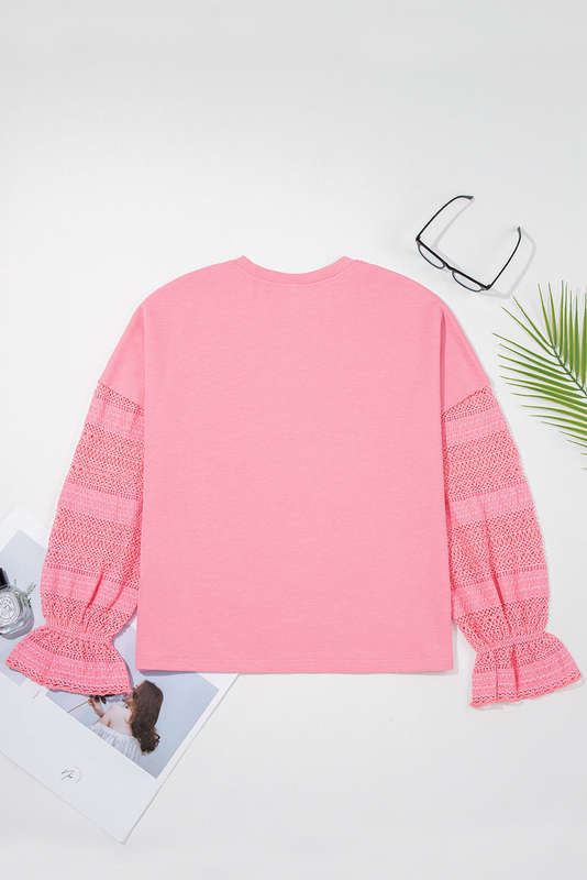 Sachet Pink Drop Shoulder Lace Ruffled Sleeve Patchwork Loose Sweatshirt