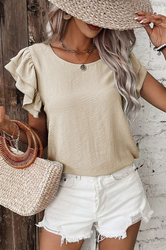 Beige Solid Color Ruffled Short Sleeve Casual Blouse
