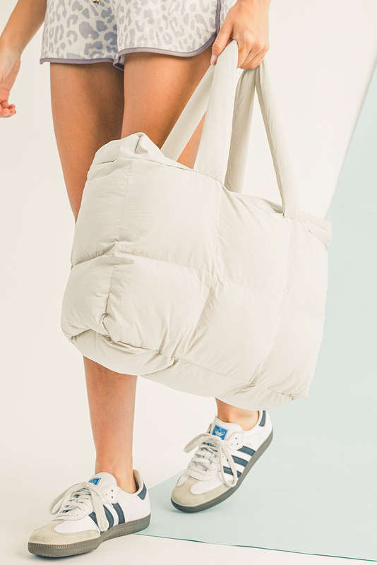 White Solid Quilted Puffy Zipped Large Tote Bag