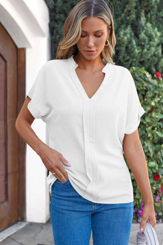 White Notched Neck Batwing Sleeve Lightweight Blouse
