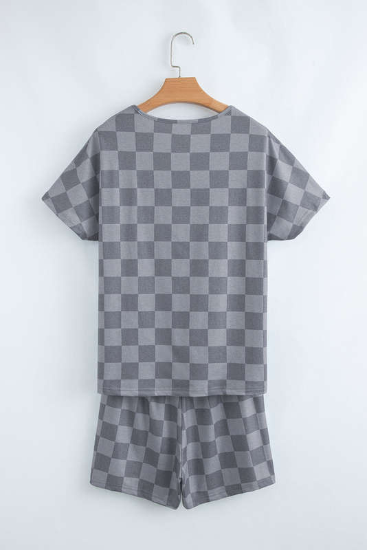 Gray Checkered V Neck Tee Drawstring Shorts Lounge Set