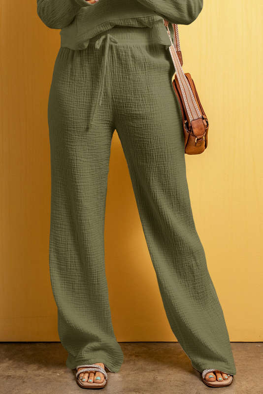 Jungle Green Textured Loose Fit Drawstring Elastic Waistband Pants