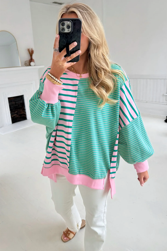 Green Stripe Mix Pattern Color Block Patchwork Side Slit Baggy Sweatshirt