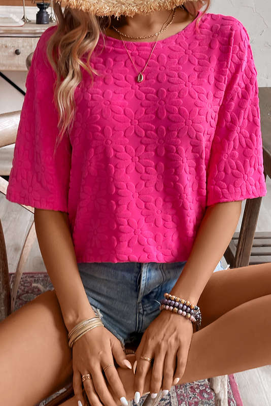 Rose Red Daisy Flower Jacquard Half Sleeve T Shirt
