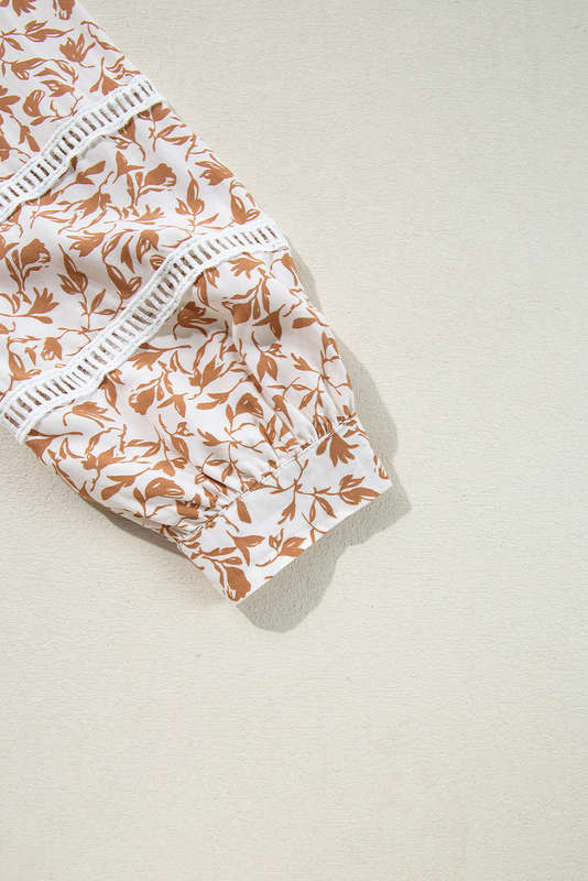 Khaki Printed Lace Detail Floral Puff Sleeve Fall Shirt