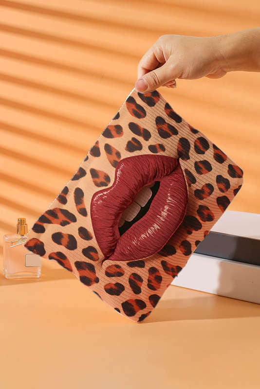 Brown Leopard Lip Shape Print Canvas Functional Makeup Bag