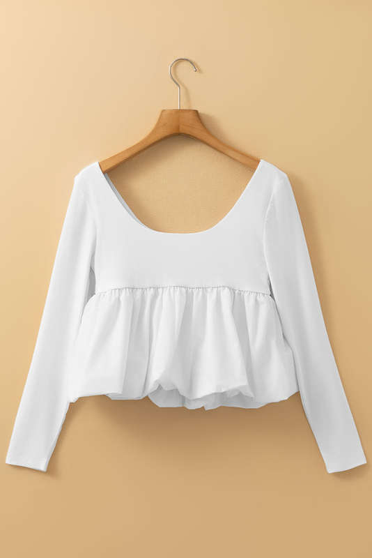 White U Neck Long Sleeve Bubble Hem Top