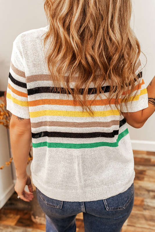 White Striped Pocketed Loose Fit Crewneck Knitted T Shirt