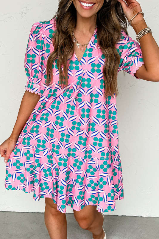 Pink Geometric Floral Print V Neck Ricrac Trim Short Sleeve Mini Dress