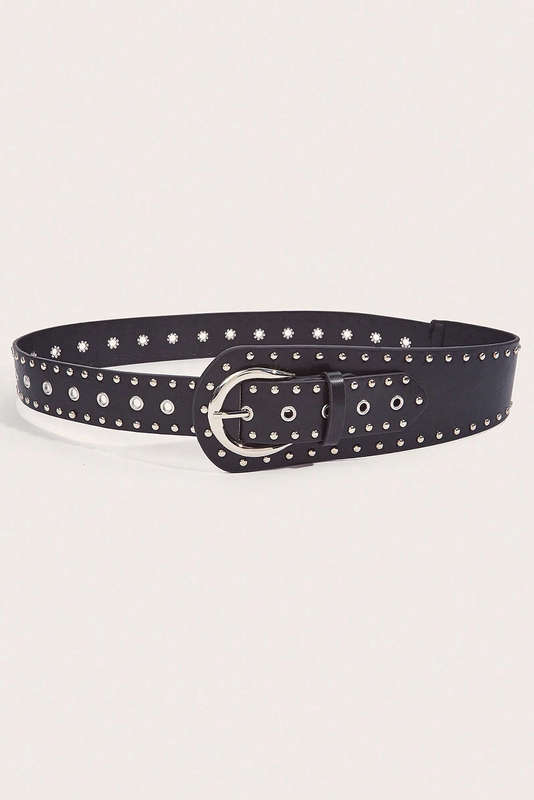 Black Vintage Studded PU Leather Wide Waist Belt