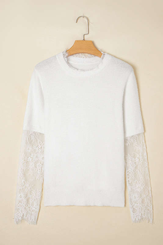 Beige Lace Sleeve Patchwork Faux Two-piece Fuzzy Sweater