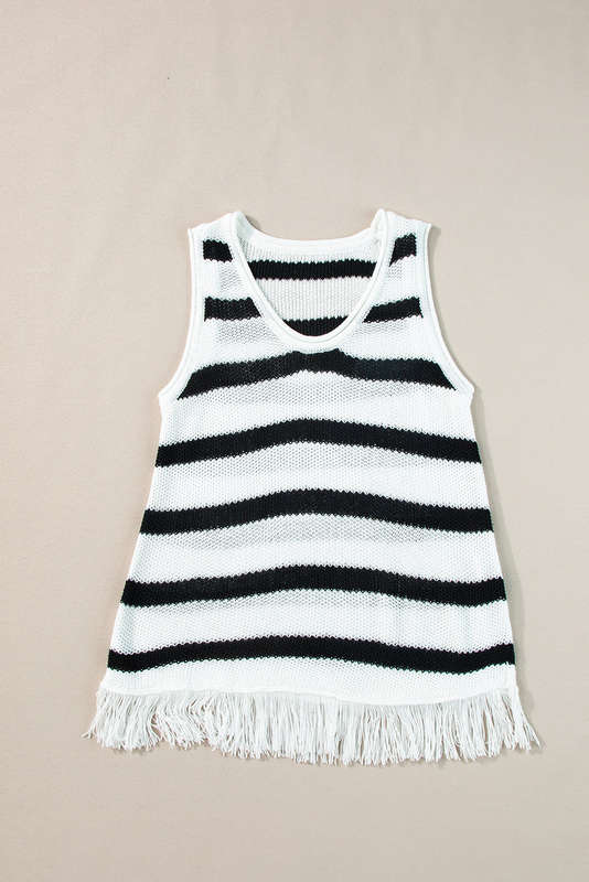 Beige Stripe Loose Knit Fringe Tank Top