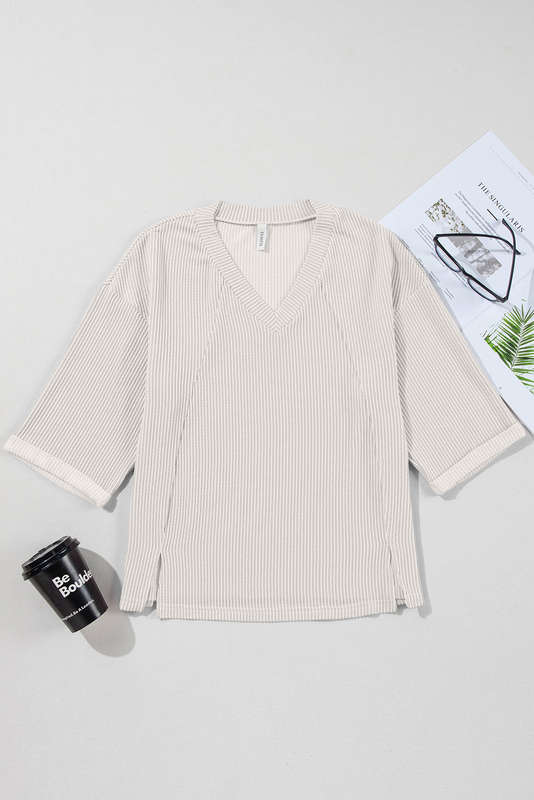 White Solid Color Corded Drop Shoulder 3/4 Sleeve V Neck Top