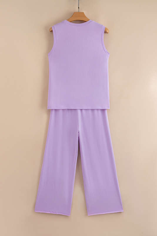 Orchid Petal Mineral Wash Casual Round Neck Tank and Straight Loose Drawstring Pants Set