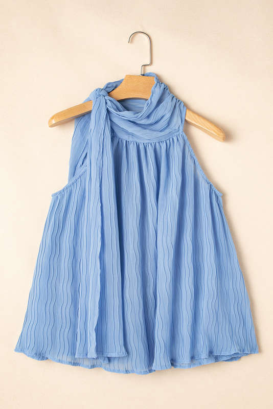 Myosotis Textured Pleated Tied Mock Neck  Flowy Tank Top
