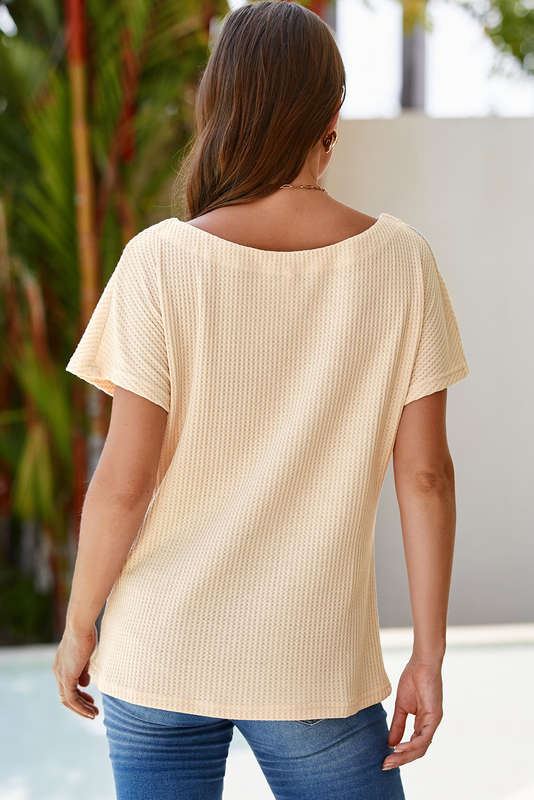 Light French Beige Waffle Knit Boat Neck Short Sleeve Top