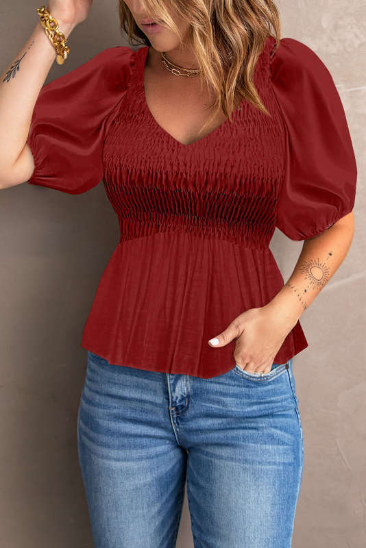 Red Puff Sleeve Smocked Top