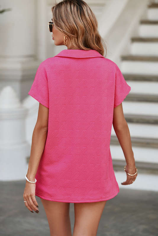 Rose Red Textured V Neck Collared Short Sleeve Top