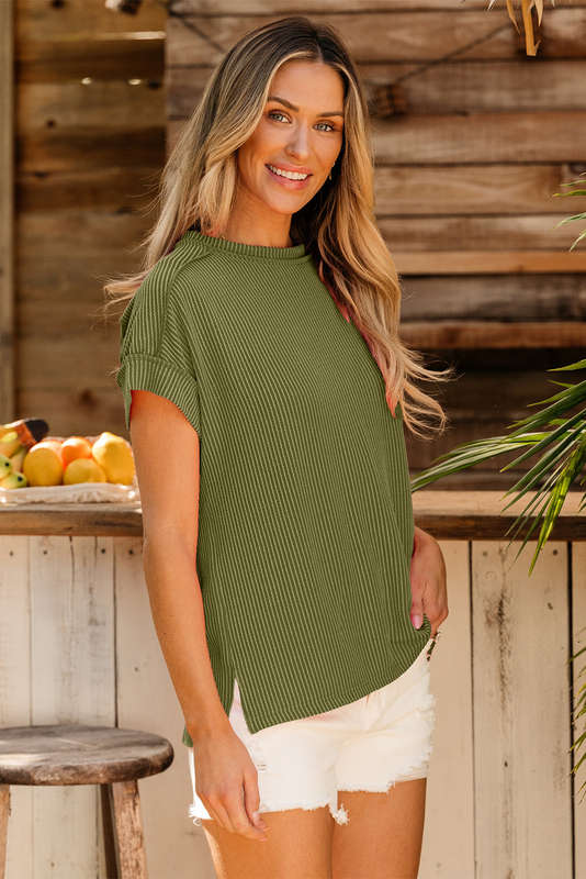 Jungle Green Textured Knit Exposed Stitching T-shirt