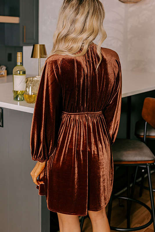 Clay Elastic V Neck Puff Sleeve Short Velvet Dress