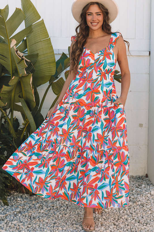 Red Boho Floral Ruffled Strap V Neck Maxi Dress