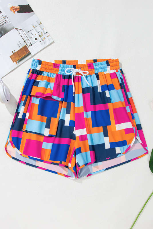 Rose Geometric Printed Drawstring Waist Beach Shorts with Pockets