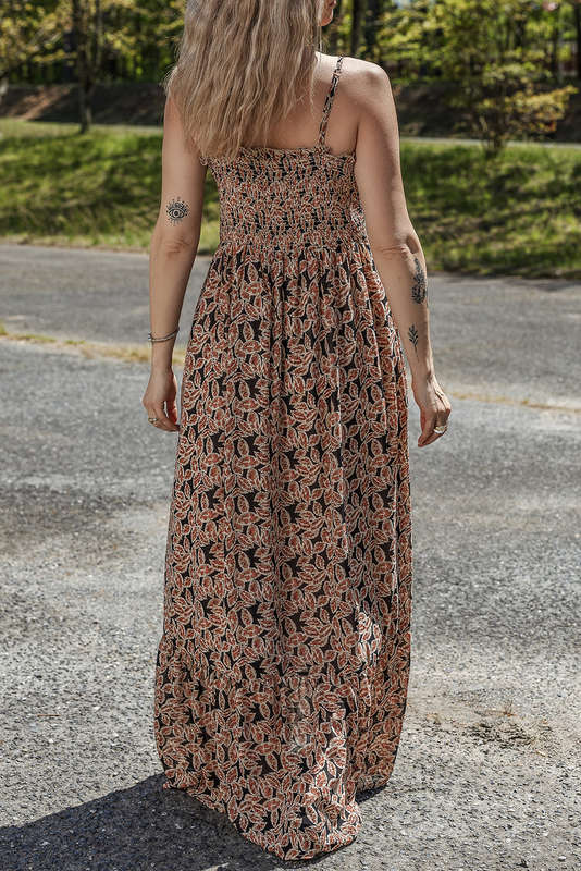 Brown Floral Smocked Bodice High Waist Flowy Sun Dress