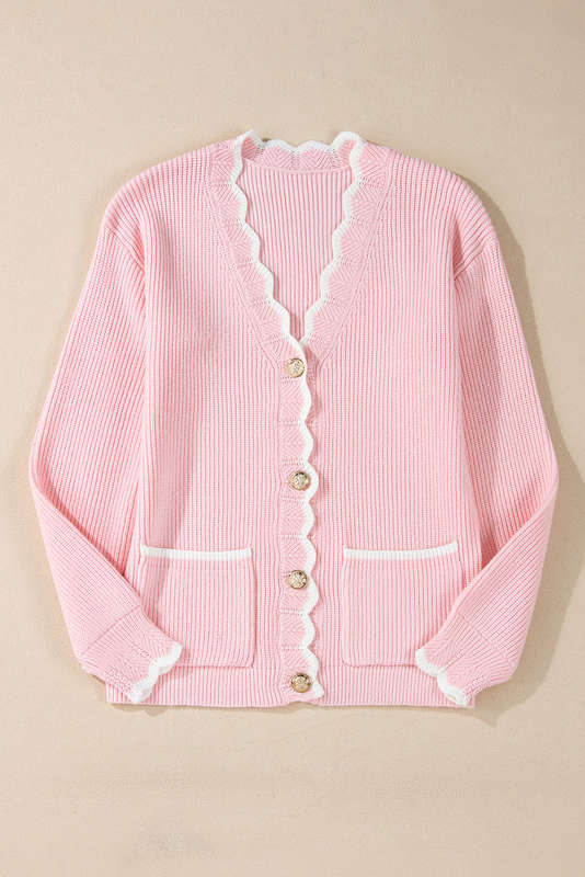Pink Ribbed Knit Scalloped Edge Side Pockets Buttoned Cardigan