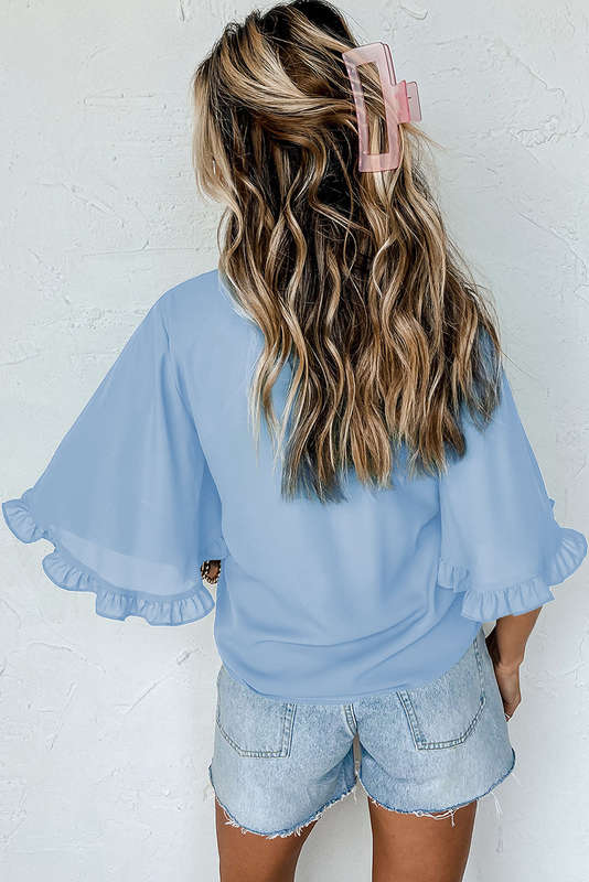 Myosotis Frilly Round Neck Wide Half Sleeve Blouse