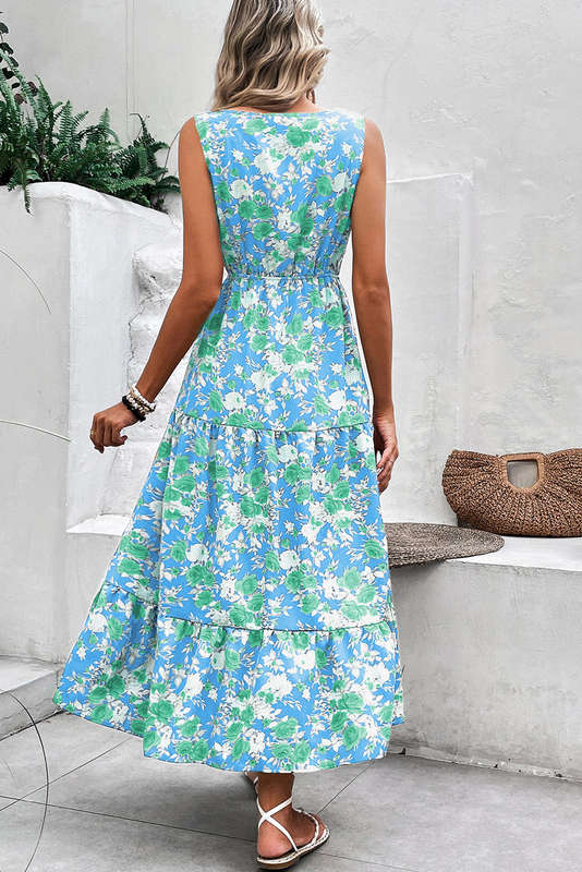 Sky Blue Floral Print Trimmed V Neck Tie Waist Sleeveless Holiday Long Dress