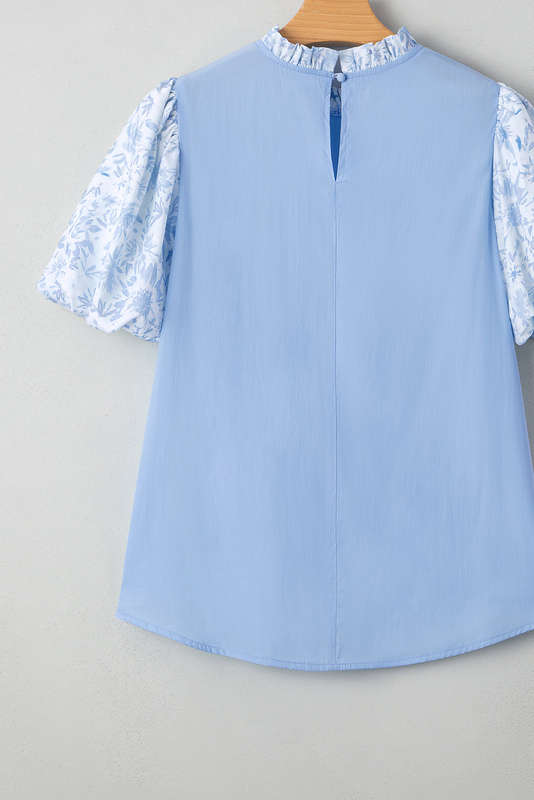 Beau Blue Lace Insert Floral Puff Sleeve Patchwork Loose Blouse