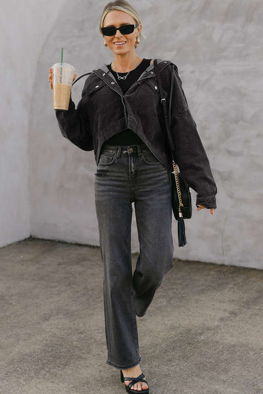 Black Big Chest Pocket Drop Shoulder Hooded Denim Jacket