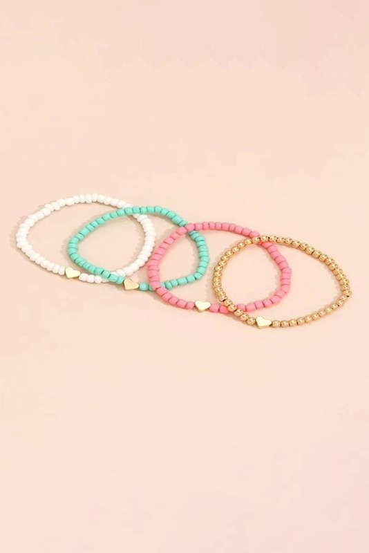Pink Heart Beaded Multi Layered Bracelet Set