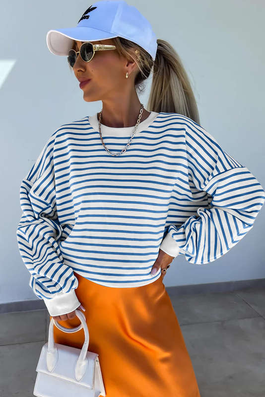 Blue V-Neck Knitted Summer Top with Exposed Seams