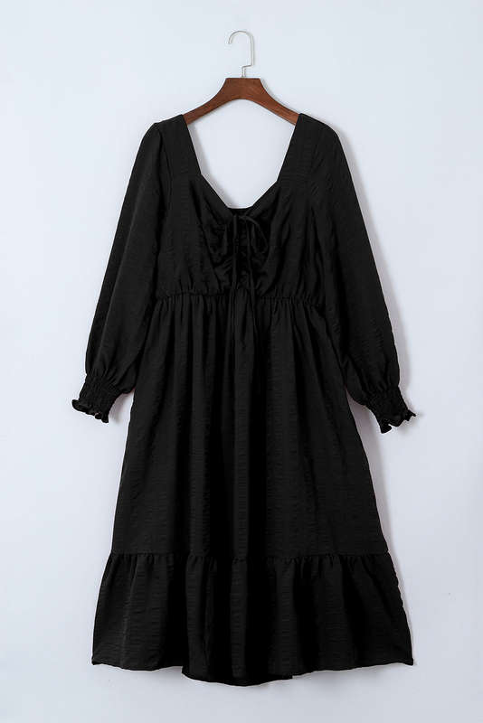 Black Lace-up Ruched Front Long Sleeve Ruffle Hem Plus Size Midi Dress